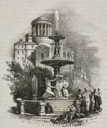Prado-fontænen, Madrid, Spanien, litografi af Salvatore Puglia fra Poliorama Pittoresco, n 39, 4. maj