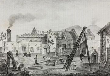 Kongelig mekanisk fabrik (Royal Mechanical Factory) i Pietrarsa, Campania, Italien, litografi af Gaetano Riccio fra Poliorama Pittoresco, n 39, 7. maj