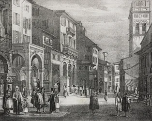 Royal Road, Korfu, Grækenland, litografi af Salvatore Puglia fra Poliorama Pittoresco, nr. 23, 11. januar