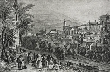 Udsigt over Baden, Schweiz, litografi af Salvatore Puglia fra Poliorama Pittoresco, nr. 29, 26. februar
