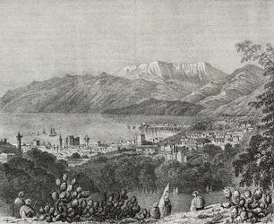 Udsigt over Beirut og Mount Lebanon rækken, Libanon, litografi af Salvatore Puglia fra Poliorama Pittoresco, n 8, 1. oktober