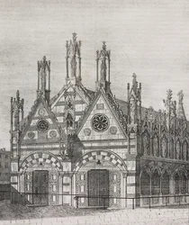 Udsigt over kirken Santa Maria della Spina i Pisa, Toscana, Italien, litografi af Salvatore Puglia fra Poliorama Pittoresco, n 34, 29. marts