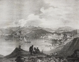 Udsigt over Korfu fra Mount Oliveto, Ioniske Øer, Grækenland, litografi af Salvatore Puglia fra Poliorama Pittoresco, n 25, 25. januar