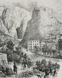 Udsigt over Fontaine-de-Vaucluse, Frankrig, litografi af Sardi fra Poliorama Pittoresco, n 51, 30. juli