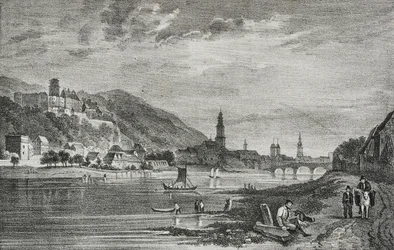 Udsigt over Heidelberg, Tyskland, litografi af Salvatore Puglia fra Poliorama Pittoresco, nr. 28, 19. februar