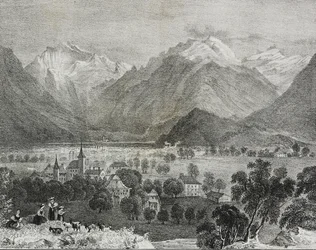 Udsigt over Interlaken, Schweiz, litografi af Salvatore Puglia fra Poliorama Pittoresco, n 36, 16. april