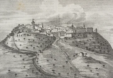 Udsigt over Montefuscolo, i dag Montefusco, Campania, Italien, litografi af Salvatore Puglia fra Poliorama Pittoresco, n 41, 20. maj