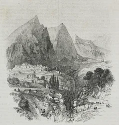 Udsigt over Mount Parnassus fra Delphi, Grækenland, litografi af Salvatore Puglia fra Poliorama Pittoresco, n 46, 25. juni