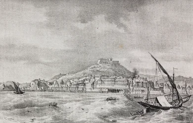 Udsigt over Napoli fra havet, Campania, Italien, litografi af Salvatore Puglia fra Poliorama Pittoresco, n 2, 17. august
