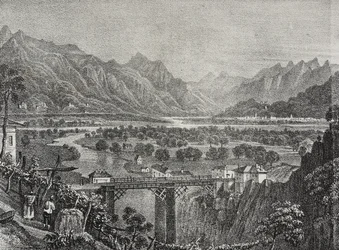 Udsigt over Ossola-dalen fra Sempione, Piemonte, Italien, litografi af Salvatore Puglia fra Poliorama Pittoresco, n 28, 18. februar