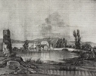 Udsigt over Santa Restituta fabrik og kirke på bredden af Fibreno-floden i Cornello, Lazio, Italien, litografi af Salvatore Puglia efter tegning af Raffaele Carelli, fra Poliorama Pittoresco, n 16, 26. november