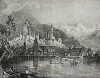 Udsigt over Thun, kanton Bern, Schweiz, litografi af Salvatore Puglia fra Poliorama Pittoresco, n 35, 9. april