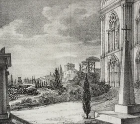 Udsigt over kirkegården fra gotisk kloster, Napoli, Campania, Italien, litografi af Salvatore Puglia fra Poliorama Pittoresco, n 34, 1. april