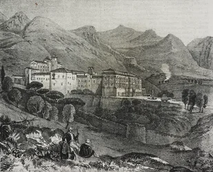Udsigt over klostret San Martino delle Scale nær Palermo, Sicilien, Italien, litografi af Salvatore Puglia fra Poliorama Pittoresco, n 47, 2. juli