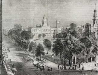 Udsigt over parken og rådhuset i New York, USA, litografi af Salvatore Puglia fra Poliorama Pittoresco, nr. 24, 22. januar