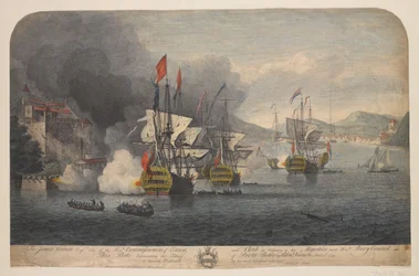 Indtagelse af Porto Bello af Adml: Vernon Novr: 22d. 1739 (stregstik, farvelagt)