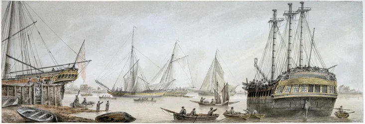 "Et indisk skib, der er sat til reparation på Themsen, med en beskrivelse af de almindelige aktiviteter på det kongelige skibsværft i Deptford.