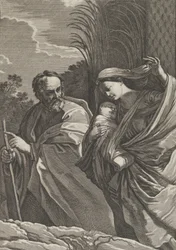 Flugten til Ægypten, Jomfruen bærer spædbarnet Kristus, Josef peger på..., ca. 1635-57.