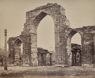 Delhi. Stor bue og jernsøjle nær Qutub Minar, ruinerne af det gamle Delhi