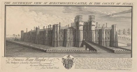Den sydvestlige udsigt over Herstmonceux Castle i County of Sussex