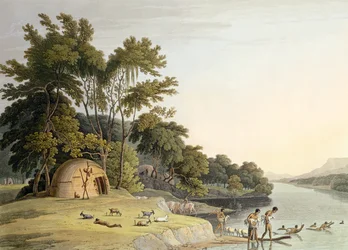 A Korah Hottentot Village on the Left Bank of the Orange River, plade 1 fra "African Scenery and Animals", graveret af kunstneren, 1804 (akvaratint)