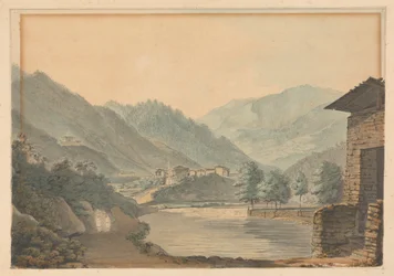Bjergrig scene med bygninger og flod