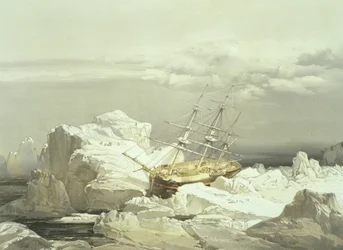 Kritisk position af H.M.S. Investigator på Baring Islands nordkyst, 20. august 1851, graveret af William Simpson, udgivet af Ackermann und Co., 1854