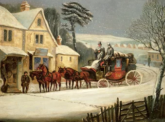 Vinterscene med Royal Mail stoppet på en kro (olie på panel)