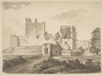 Et billede i tusch af Prudhoe Castle i Ovingham sogn (tusch på papir)