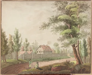 Landskab (pen og blæk og akvarel på kort)