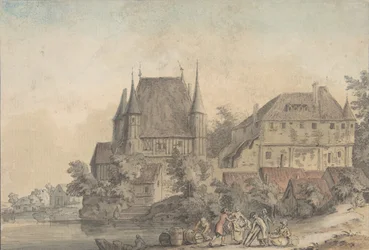 Udsigt over en landsby ved siden af en flod, 1766.