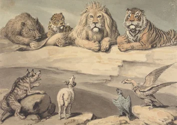 Et vildsvin, en leopard, en løve, en tiger, en ulv, en vædder og to ørne
