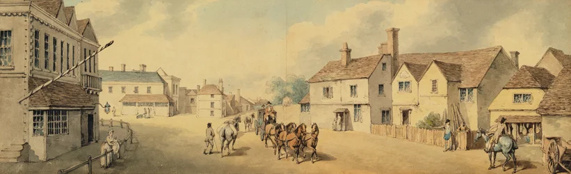 En træner og fire passerer gennem Chippenham, Wiltshire (pen og blæk og wc på papir)