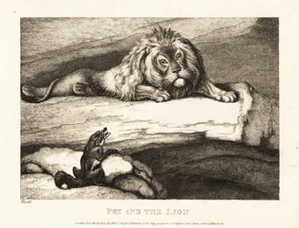 En ræv nærmer sig tåbeligt en hanløve i sin hule. 1811 (ætsning)