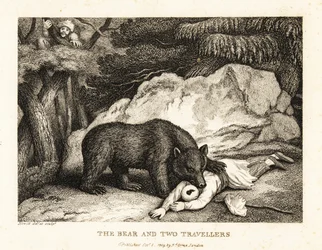 En rejsende i turban spiller død, mens han bliver angrebet af en bjørn. 1811 (ætsning)