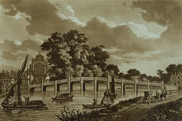 Hampton Court Bridge, illustration fra "Picturesque Views of the River Thames", pub. 1799 (ætsning, akvatint)