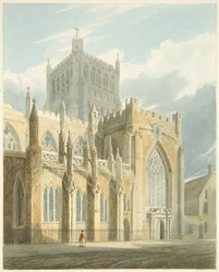 North View af Bristol Cathedral (blyant og akvarel på papir)