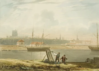 Udsigt over den flydende havn med katedralen og bykirkerne, ca. 1825