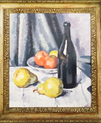Æbler, pærer og en sort flaske på et draperet bord, ca. 1928