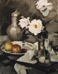 Lyserøde roser i en glasvase, ca. 1924