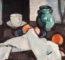 Stilleben med frugtskål, kande, kop og underkop, 1927-29.