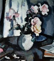 Stilleben med roser i en vase . Peinture de Samuel John Peploe (1871-1935 British) Collection privee