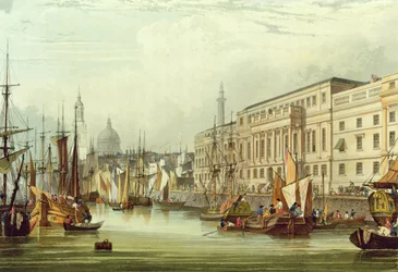 Custom House, E16, graveret af R. G. Reeve, 1828 (akvatint)