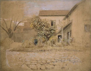 A House and Garden at Tintern, 1835 (pen & blæk, wc & kropsfarve over grafit & sort kridt på lyserødt buff-papir)