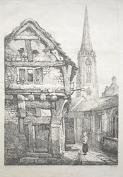 En række gamle bygninger og landlige hytter i det nordlige England: I York, Street ved siden af Cloister Wall