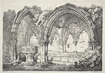 En række gamle bygninger og landlige hytter i det nordlige England: En del af Kirkham Abbey