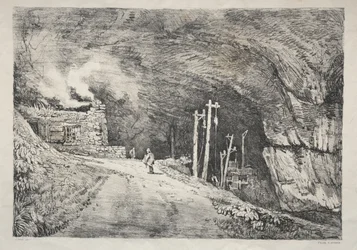 En serie af gamle bygninger og landlige hytter i det nordlige England: Peak Cavern, 1821.