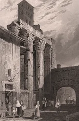 Søjler af Mars Ultors tempel, Rom, Lazio, Italien, stålstik af Samuel Prout (1783-1852) tegning, ca 15x115 cm