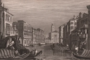Gondoler på Canal Grande (Canal Grande), Venedig, Veneto, Italien, stålgravering efter tegning af Samuel Prout (1783-1852), ca. 15x11,5 cm