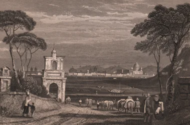 Rom med kuplen af Peterskirken til højre, Lazio, Italien, stålstik fra tegning af Samuel Prout (1783-1852), ca 15x115 cm
